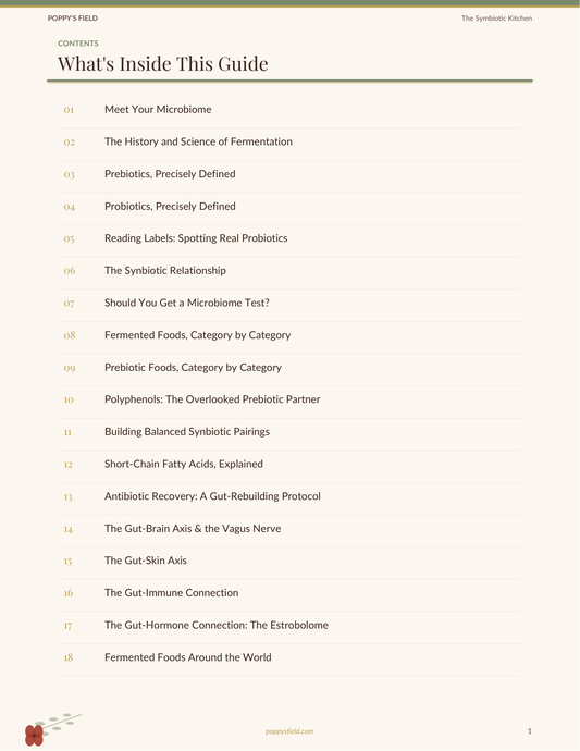 The Symbiotic Kitchen | Prebiotic Probiotic Food Pairing Guide | Gut Health Meal Planner | Instant Download — Poppy's Field (preview 1)