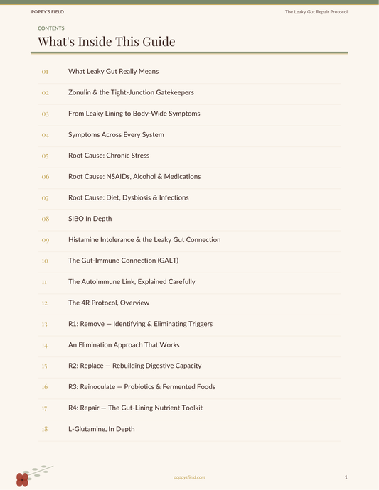 The Leaky Gut Repair Protocol & Food Journal | Gut Healing Guide Bloat Trigger Tracker | Instant Download — Poppy's Field (preview 1)