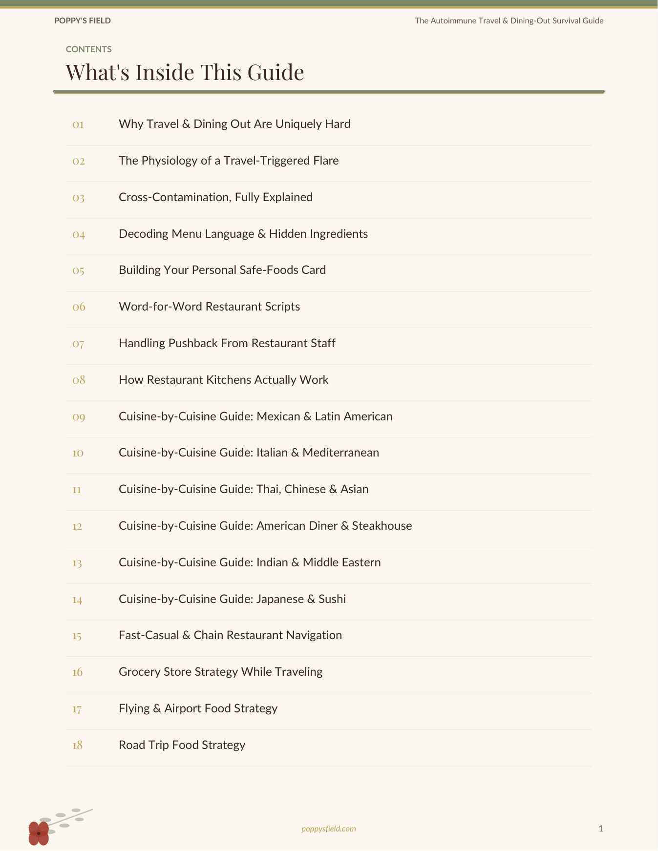 The Autoimmune Travel & Dining Out Survival Guide | AIP Restaurant Scripts Safe Snack Packing List | Instant Download — Poppy's Field (preview 1)