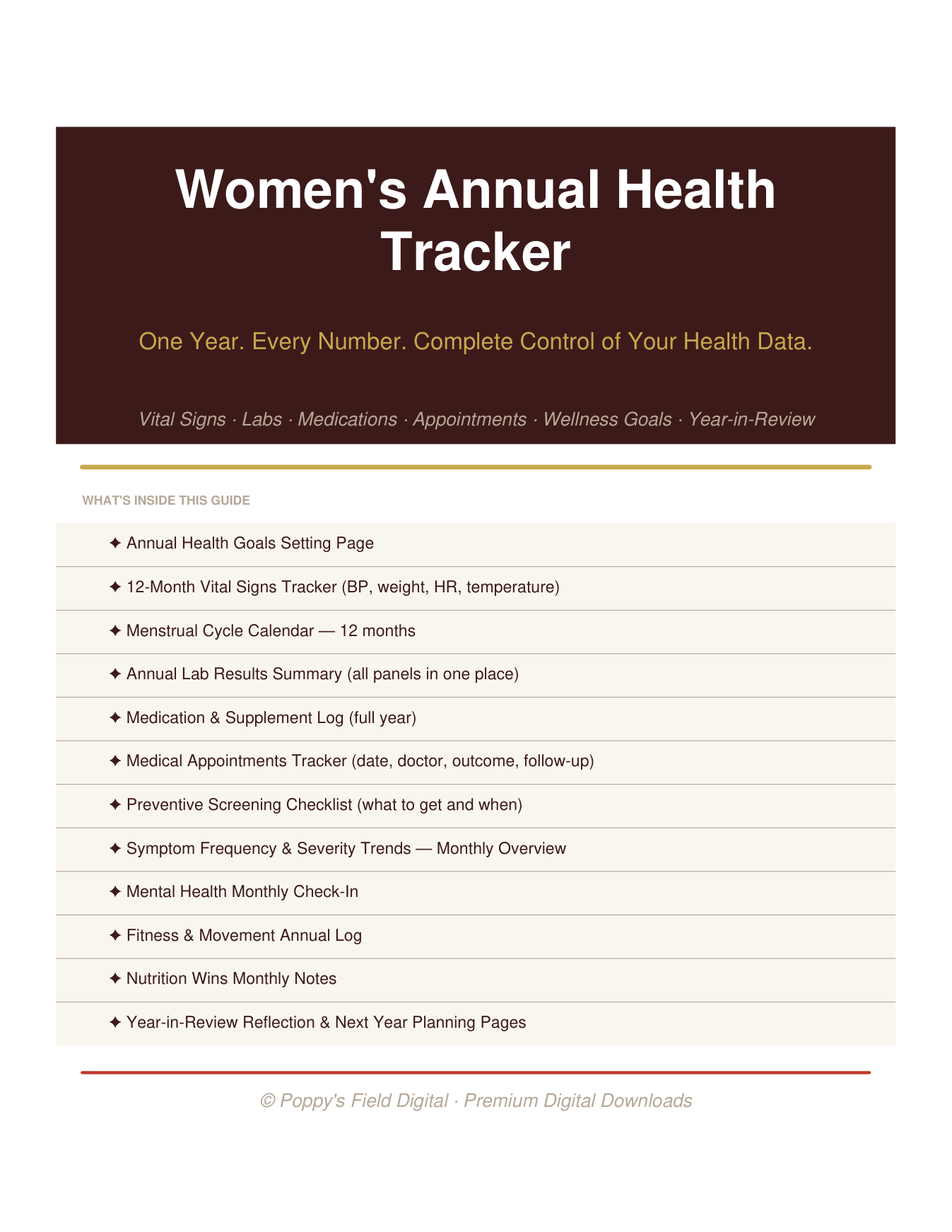 Women's Annual Health Tracker | 12-Month Wellness Planner Lab Results Goal Journal — Poppy's Field