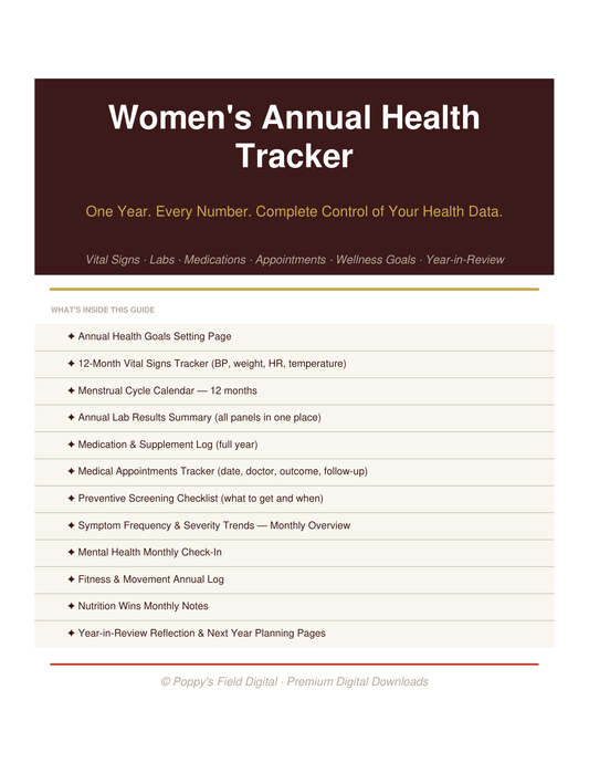 Women's Annual Health Tracker | 12-Month Wellness Planner Lab Results Goal Journal — Poppy's Field