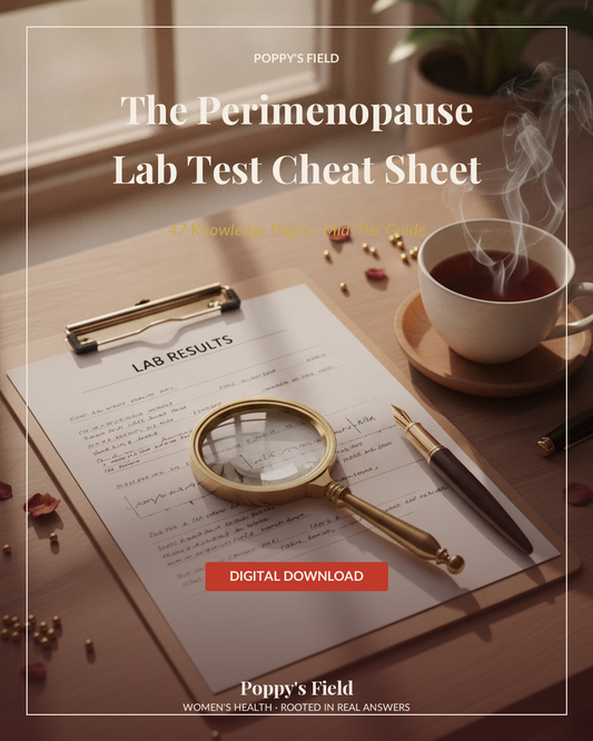 The Perimenopause Lab Test Cheat Sheet | FSH LH Progesterone Ferritin Optimal Ranges Guide | Instant Download — Poppy's Field (cover)