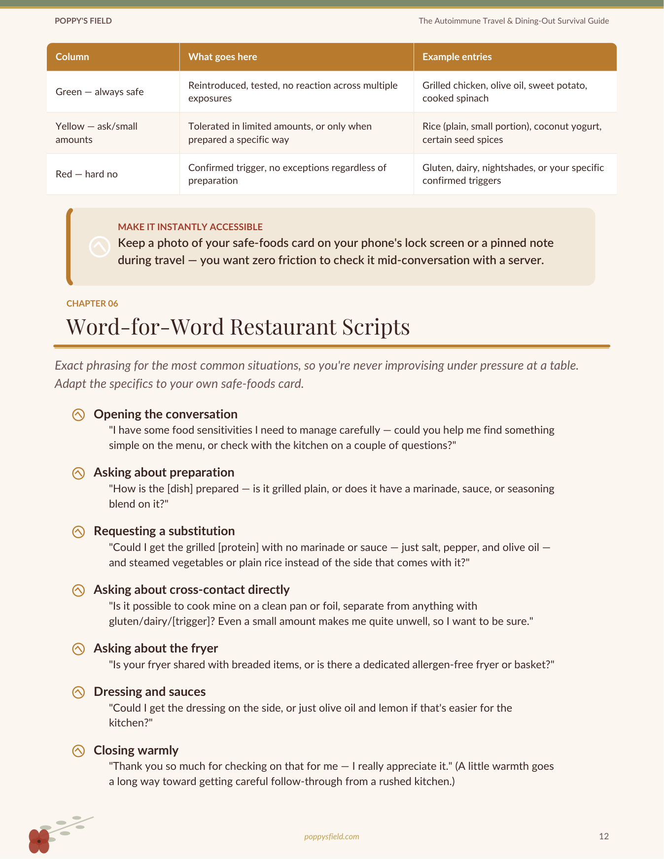 The Autoimmune Travel & Dining Out Survival Guide | AIP Restaurant Scripts Safe Snack Packing List | Instant Download — Poppy's Field (preview 3)