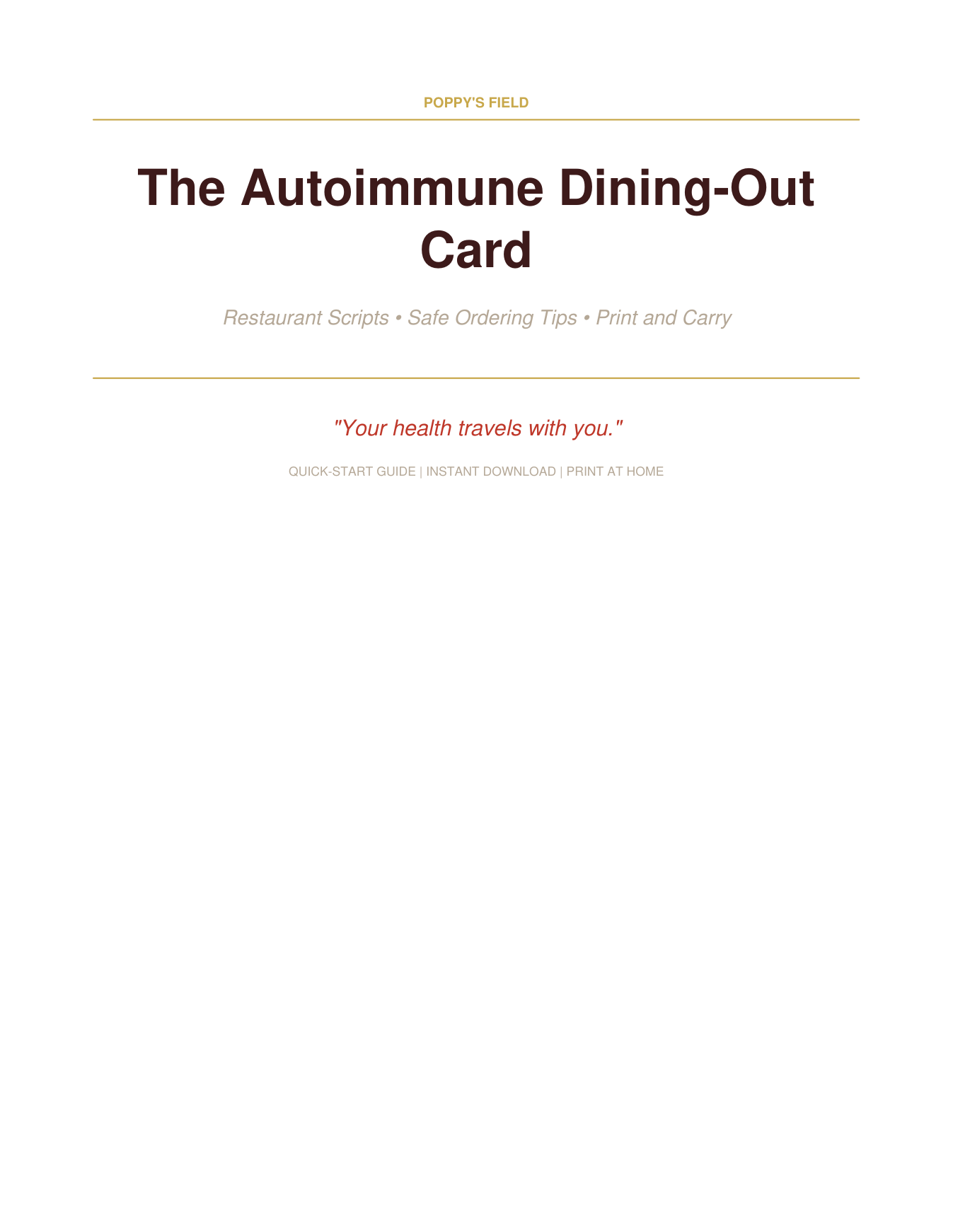 Autoimmune Dining-Out Card | Restaurant Scripts Safe Ordering Wallet Card | Instant Download — Poppy's Field (preview 1)
