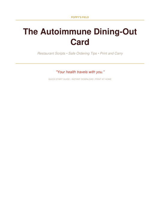 Autoimmune Dining-Out Card | Restaurant Scripts Safe Ordering Wallet Card | Instant Download — Poppy's Field (preview 1)