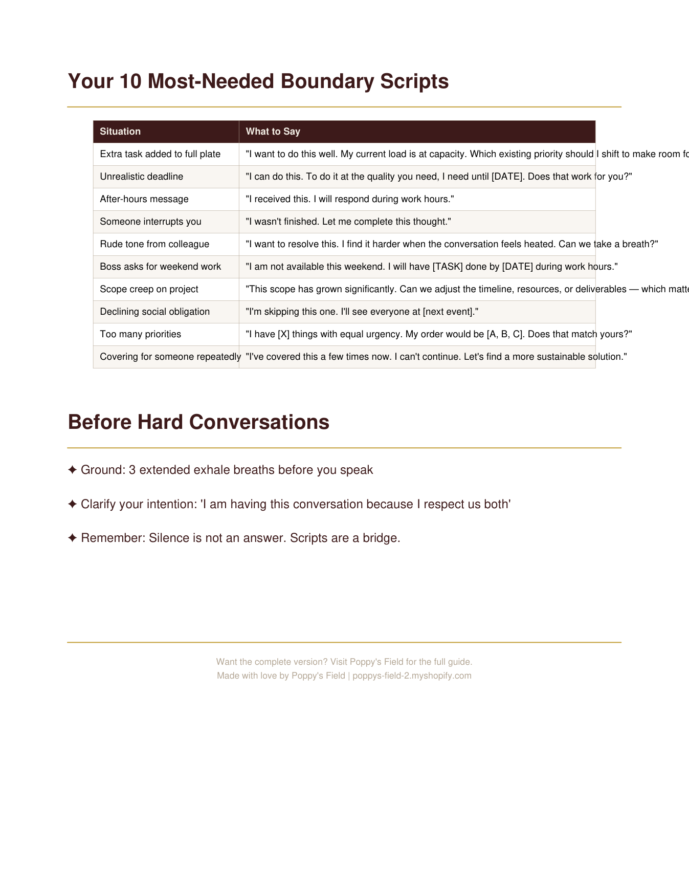 The Boundary Script Starter | 10 Ready-to-Use Workplace Scripts | People-Pleasers Quick Reference | Instant Download — Poppy's Field (preview 2)