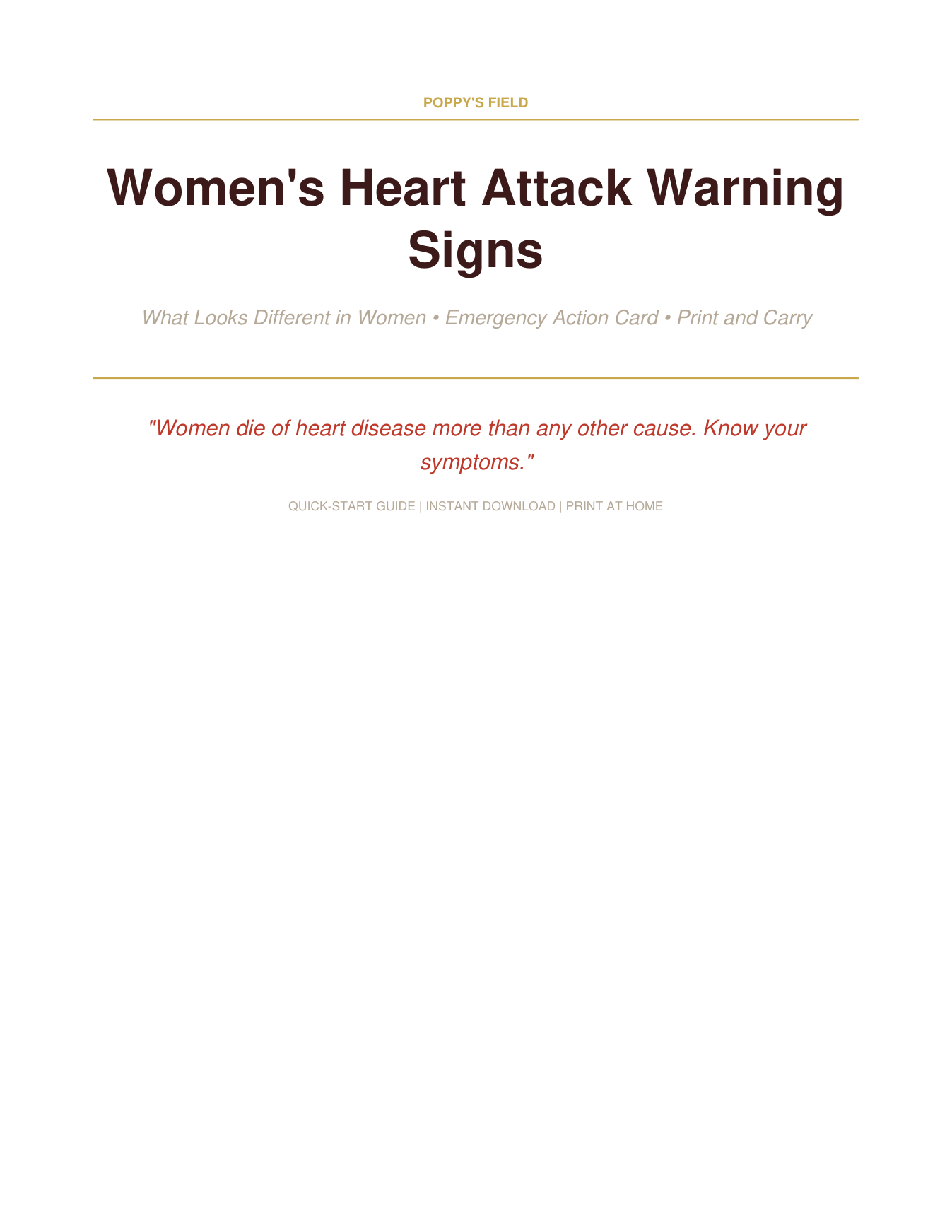 Women's Heart Attack Warning Signs Card — Poppy's Field (preview page 1)