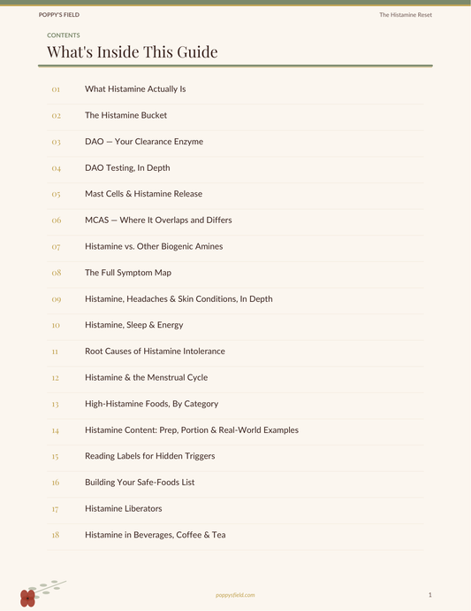 The Histamine Reset | Low-Histamine Food Diary Symptom Tracker | MCAS Histamine Intolerance Guide | Instant Download — Poppy's Field (preview 1)